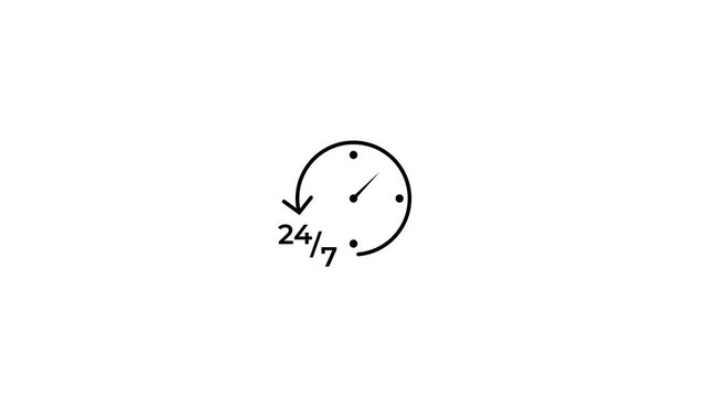 24/7 customer support clock icon animation with rotating hand.