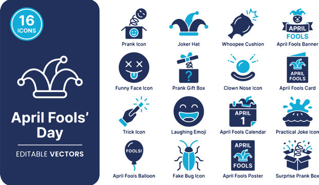 April Fools Day icon set featuring jester hat prank box whoopee cushion and funny elements