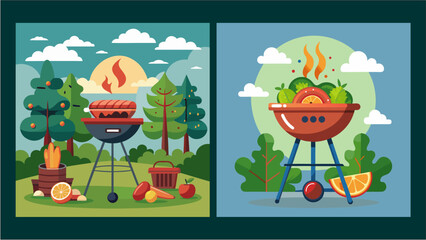 Fototapeta premium Barbecue Grill with Meat and Vegetables for Summer Party Vector Illustration