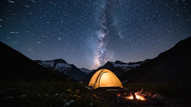 Glowing orange camping tent and crackling campfire beneath a breathtaking Milky Way night sky above snow-capped alpine mountain peaks, with star trails drifting across a remote high-altitude meadow.