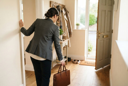 Business woman with leather bag leaving or entering front door