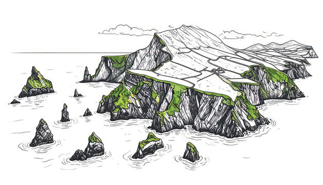 Minimalist ink illustration of rocky islets emerging from calm water with subtle ripples