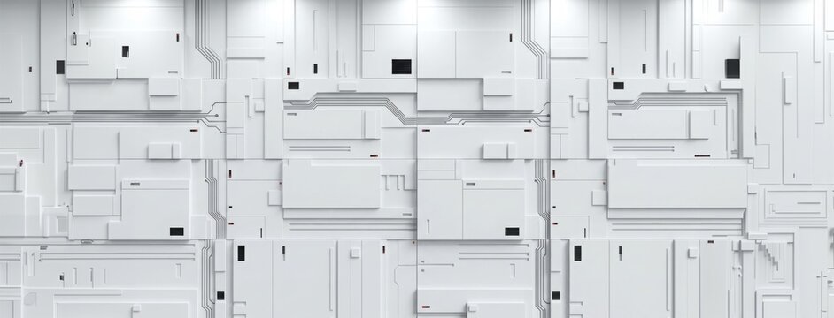 3D render of a futuristic white tech panel with geometric shapes, circuit lines and red indicators for modern data