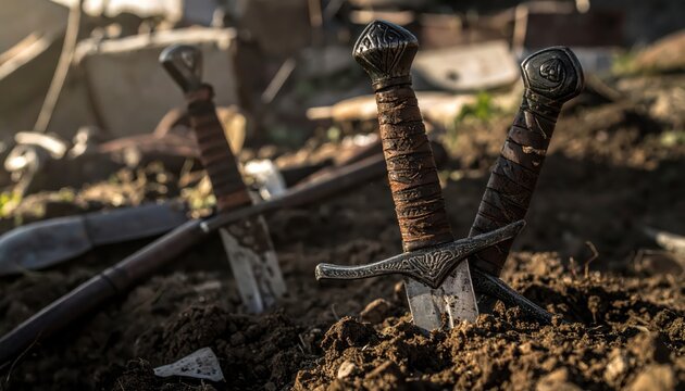 Medieval Knight Swords Stuck in the Earth After a Fierce Battle