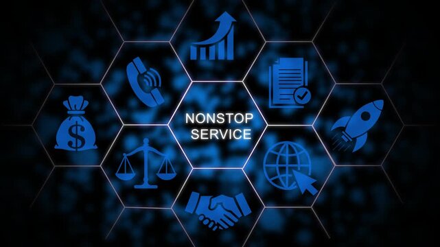 Nonstop service business concept with digital and hexagonal network background, animation technology innovation