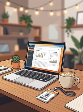 Modern workspace with laptop showing analytics and a warm coffee
