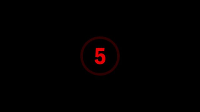 "Modern futuristic red digital countdown timer sequence featuring the bold glowing number five centered inside a subtle circular border on a sleek black background.