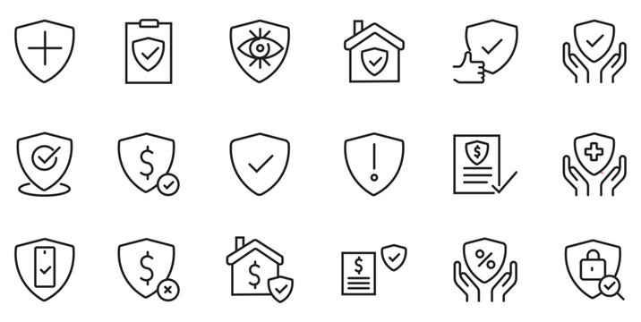 Insurance and protection line icons, 18 security shield vector symbols, financial safety and home coverage outline graphics for business