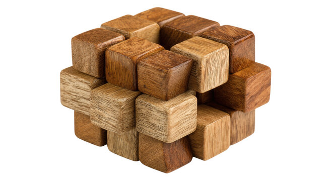 Handmade wooden interlocking burr puzzle cube made of natural oak blocks showing brain teaser craftsmanship isolated on white background
