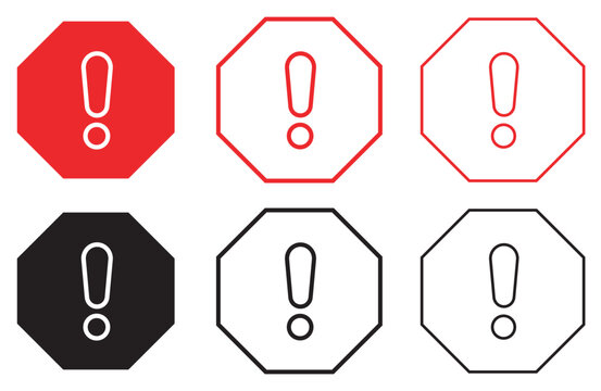 Red and black exclamation mark icons in octagon frames, set of 6 warning alert symbols, flat and outline hazard sign vector graphics