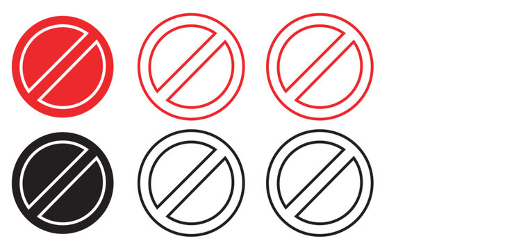 Red and black prohibition sign vector set, universal stop and no entry symbols, collection of 6 restricted area warning icons for safety signage
