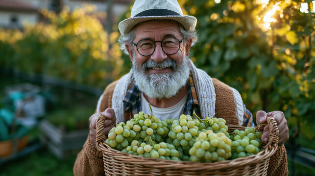 Elderly man with gray beard wearing glasses and straw hat holds a basket of green grapes in a vineyard during sunset, surrounded by grapevines and wooden crates