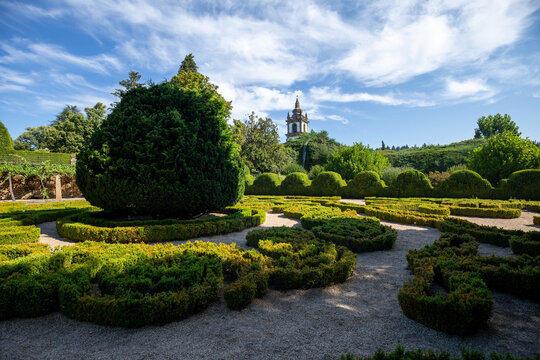 Gardens with ornamental hedges at the Mateus Palace in Vila Real, Portugal, on a sunny day.