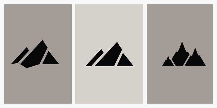 Minimalist mountain logo set with geometric peak icons. Modern abstract mountain range silhouettes in black on neutral earth tone backgrounds. Simple triangular mountain vector illustrations.