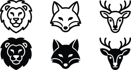 Set of wild animal head line icons including lion fox and deer in outline and solid styles with wildlife, silhouette. © emon17201