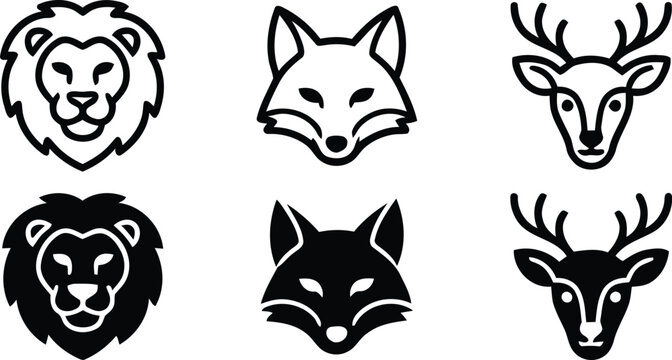 Set of wild animal head line icons including lion fox and deer in outline and solid styles with wildlife, silhouette.