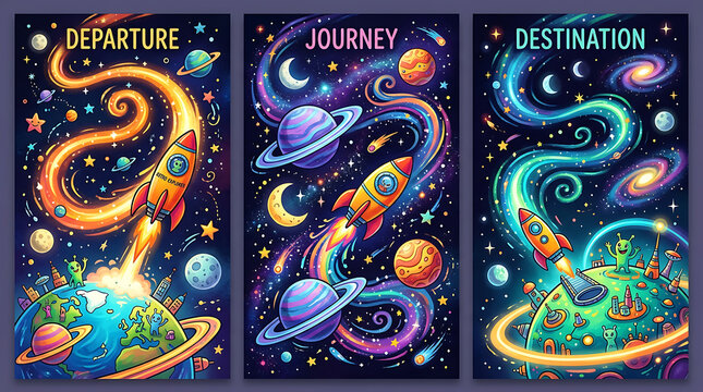Vibrant cosmic voyage trilogy depicting space travel themes with colorful rockets planets and celestial wonders in an