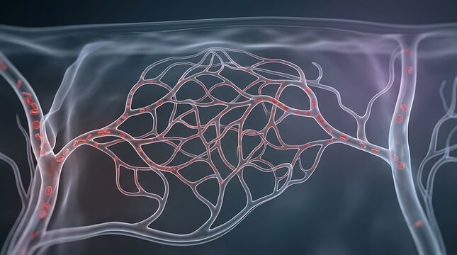Microscopic view of blood vessels and capillary network