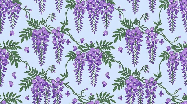 Seamless pattern of purple wisteria flowers on light blue background
