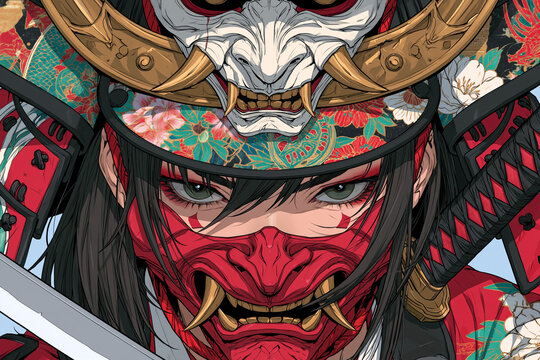 Fierce Japanese warrior with red demon mask, white Hannya mask on samurai helmet, piercing eyes, and intricate floral patterns. A mystical illustration of ancient martial arts culture.
