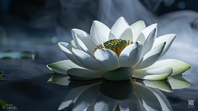 White lotus flower blooming on dark reflective lake water with ethereal mist and smoke in the background, close-up of delicate white petals and yellow seed pod center.