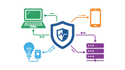 Digital security concept with connected devices and shield icon. © Kirun