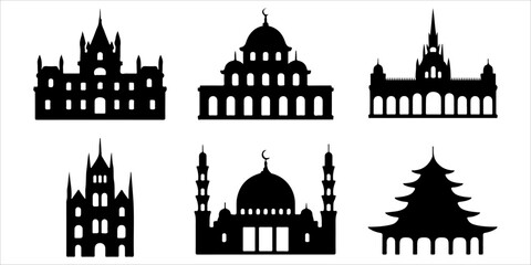 Historic landmark silhouette collection isolated on white Architectural building icons featuring famous classic structures Black monument silhouette set for travel and heritage themes © MSTROUJATOUS