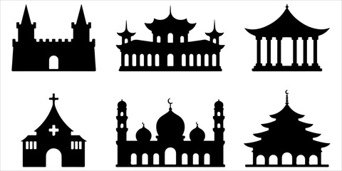 Historic landmark silhouette collection isolated on white Architectural building icons featuring famous classic structures Black monument silhouette set for travel and heritage themes © MSTROUJATOUS