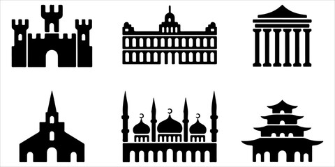 Historic landmark silhouette collection isolated on white Architectural building icons featuring famous classic structures Black monument silhouette set for travel and heritage themes © MSTROUJATOUS