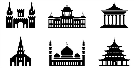 Historic landmark silhouette collection isolated on white Architectural building icons featuring famous classic structures Black monument silhouette set for travel and heritage themes © MSTROUJATOUS