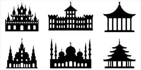 Historic landmark silhouette collection isolated on white Architectural building icons featuring famous classic structures Black monument silhouette set for travel and heritage themes © MSTROUJATOUS