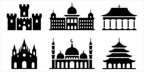 Historic landmark silhouette collection isolated on white Architectural building icons featuring famous classic structures Black monument silhouette set for travel and heritage themes © MSTROUJATOUS