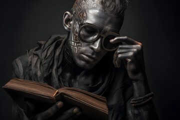Fototapeta premium Elderly man reading book in dramatic low light with thoughtful expression