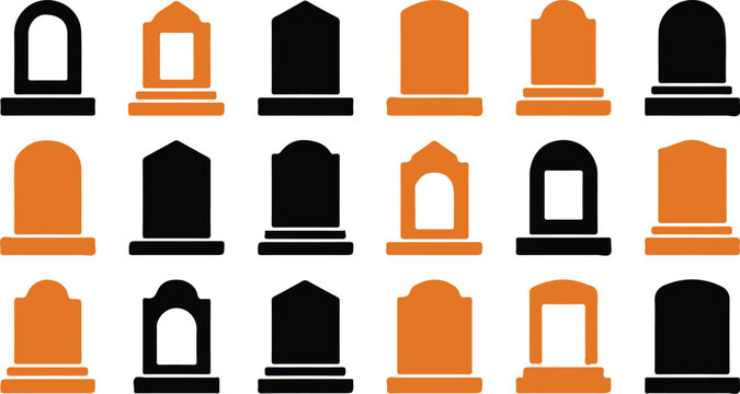 Set of tombstone icons. Collection of graveyard headstone vector symbols. A collection of various tombstone and headstone icons.