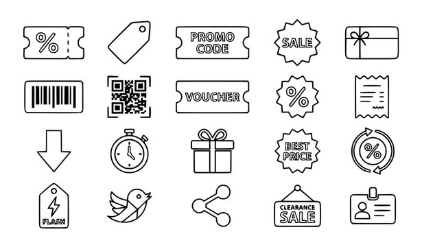 Coupon and discount line icon set voucher promo code sale ticket vector eps10