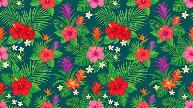 Seamless tropical floral pattern with hibiscus and palm leaves