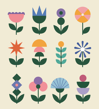Scandinavian Folk Floral Collection with Retro Geometric Flowers and Botanical Vector Set