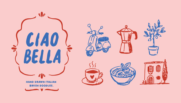 Hand Drawn Italian Travel Doodles Collection with Vespa, Coffee and Architecture Vector Set