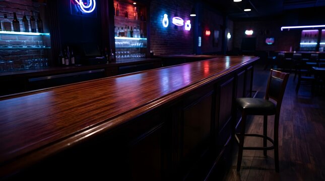Empty wooden bar counter with neon lights in a dimly lit pub at night