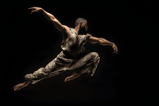 Male Dancer Leaping in Dynamic Pose Against Black Background Dramatic Lighting
