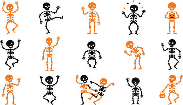 Set of cute cartoons Halloween skeleton characters in various poses isolated on a white background for design