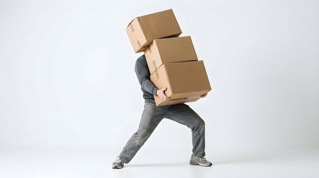 Delivery man struggling to carry a heavy stack of three cardboard boxes isolated on white background
