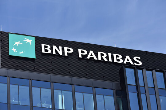 BNP Paribas bank office with signage, logo, emblem on the facade. WARSAW, POLAND - APRIL 25, 2026