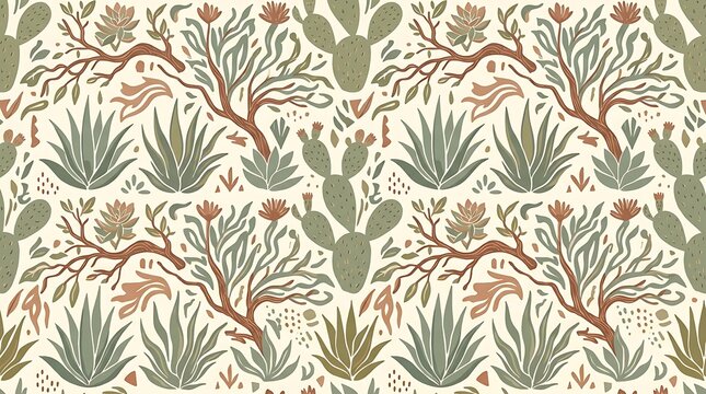 Seamless desert plant pattern with cacti and agave in earthy tones