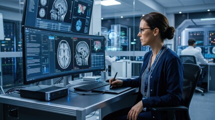Fototapeta premium Medical Professional Analyzing Brain Scans On Multiple High-Tech Displays