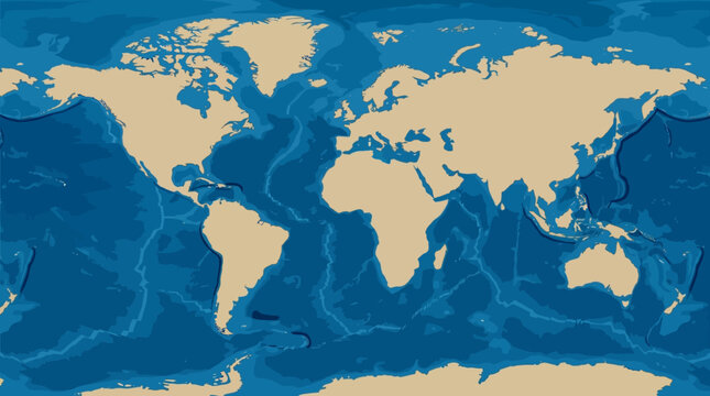 Global World Map with beige continents and blue layered ocean floor topography ideal for educational presentations and global logistics.