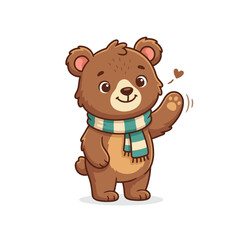 A cute brown bear cub wearing a striped scarf waves hello © Zidnaaa
