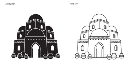 black silhouette with line art vector design of a desert adobe temple © Shamsul