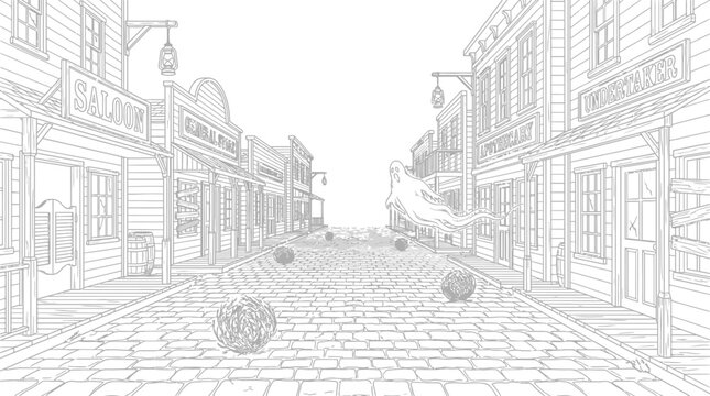 Spooky Wild West ghost town street illustration with floating ghost and tumbleweeds line art