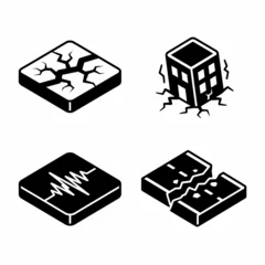 Earthquake icons: cracked ground, damaged building, seismic waves, fractured earth © ZubVector